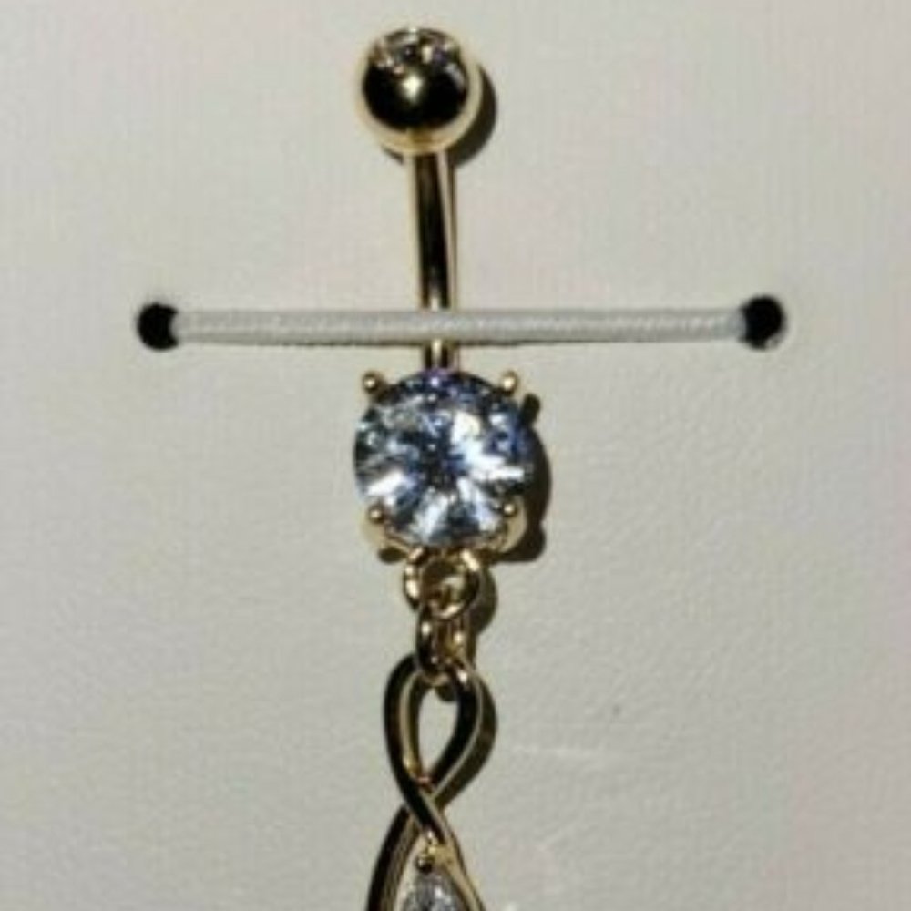 CZ Flower Marquise CZ Leaf Vine Dangle 316L Surg Steel Belly Ring Gold Clear
